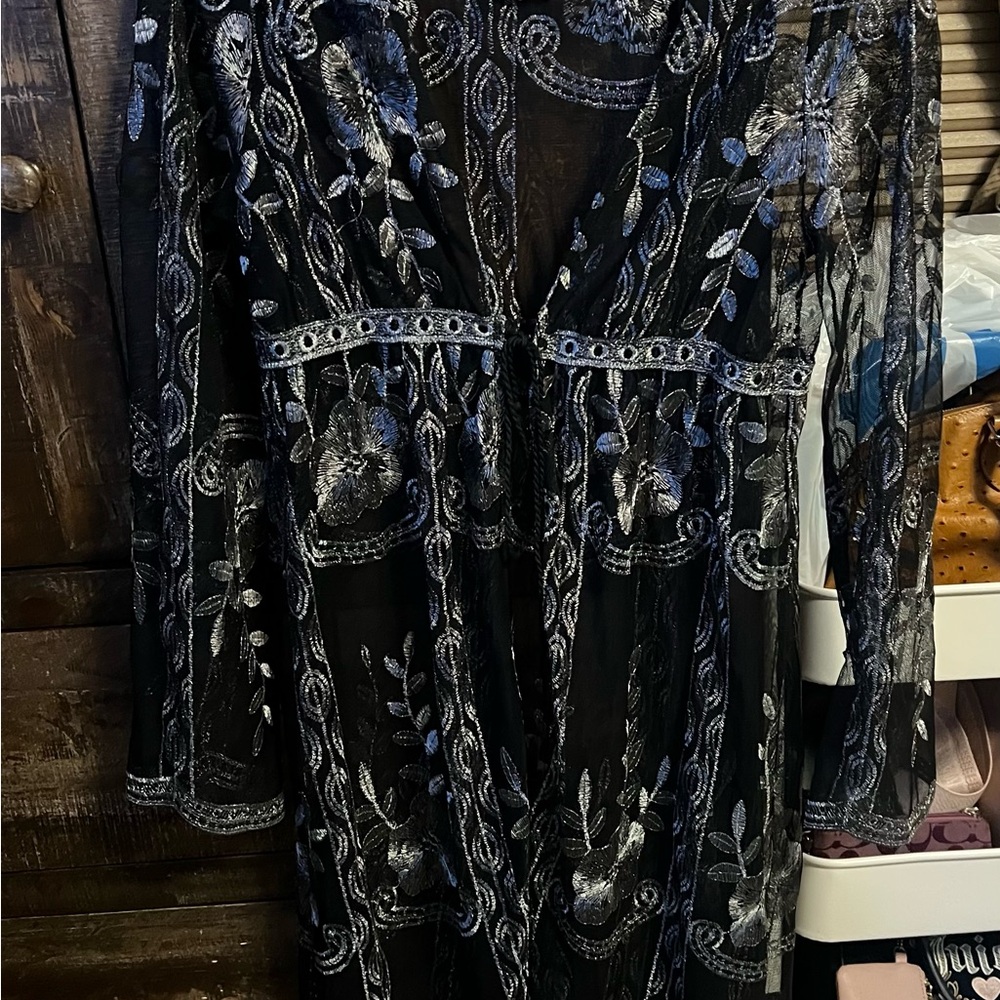 Haute Monde Black Dress with Silver Embroidered Floral Detail
